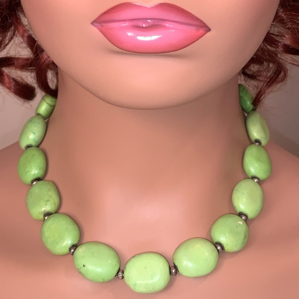 Green Beaded Necklace with a Heart near the Clasp